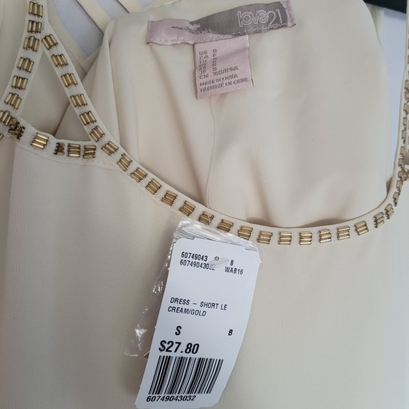 Cream White Small Flowy Short Summer Lined Dress Beaded Gold - Picture 7 of 9